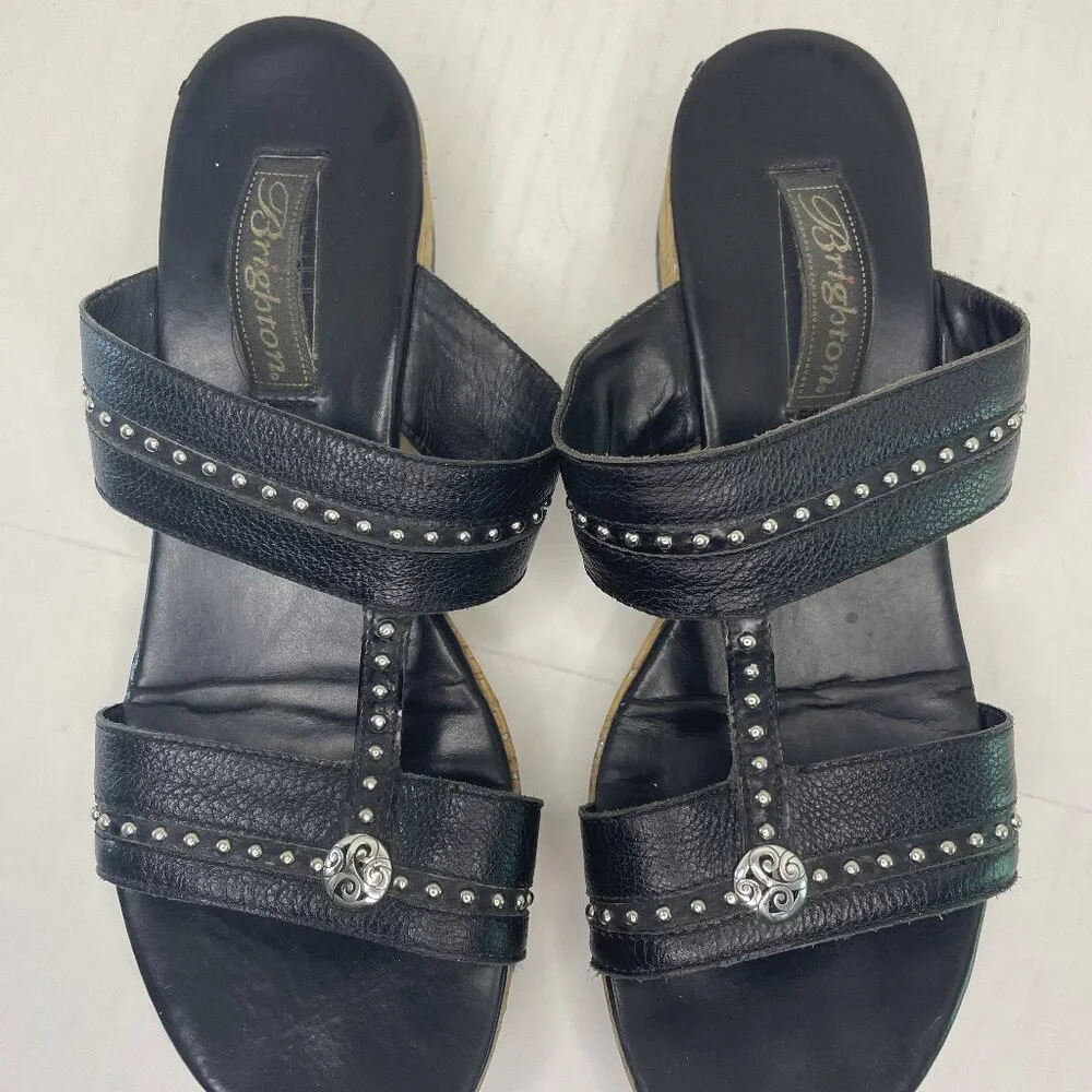 Brighton Sandals Size 9 M Slip On Slides Black Silver Cork Wedge Heel Studded